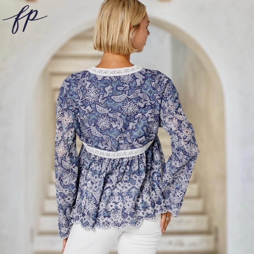 FREE PEOPLE NWT Anissa Floral-Print Eyelet/Embroidered Tie-Front Bed Jacket/Lg - Picture 2 of 14